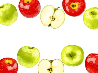 手描き水彩の赤りんごと青りんごのイラスト長方形フレーム・上下