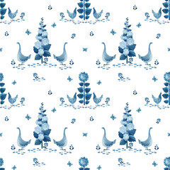 Cute watercolour pattern. Illustration with farm birds and flowers.