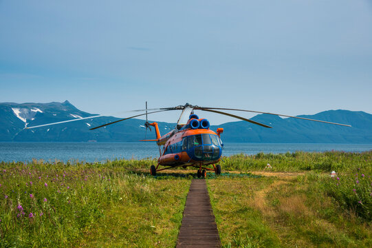 Russia, Kamchatka, helicopter on the Kurile lake