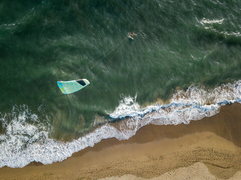 Indonesia, Bali, Berawa beach, Aerial view of kite surfer
