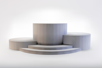 Three-level podium on white background with reflection. Three cylinder geometric pedestals for product presentation. Vector, 3D illustration.
