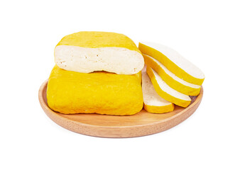 yellow tofu isolated on white background. fresh yellow tofu isolated on white background