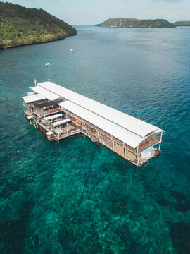 Aerial view of floating restaurant, Nusa Penida island, Bali, Indonesia