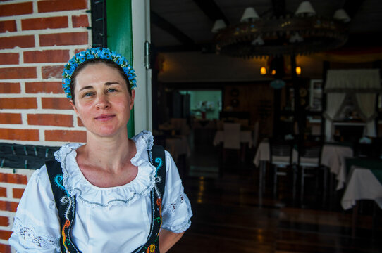 Traditional dressed woman in the German town Pomerode near Blumenau, Brazil