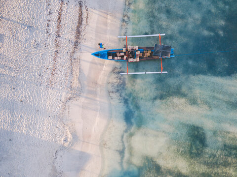 Aerial view of boxes in outrigger at Gili-Air Island, Bali, Indonesia