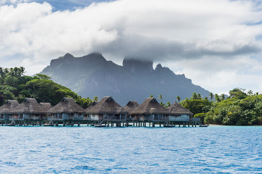French Polynesia, Bora Bora, water bungalows of luxury hotel
