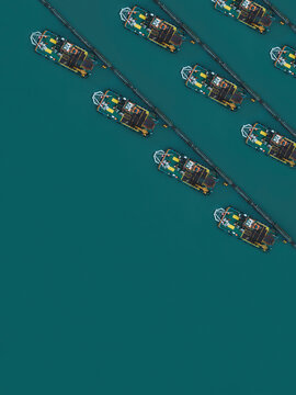 Indonesia, Bali, Aerial view of rows of moored ships