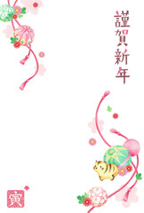 年賀状2022年　寅と手毬　縦　謹賀新年　手描き色鉛筆画