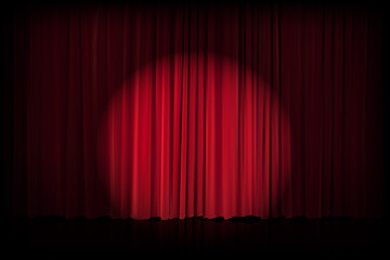 Red velvet curtain in theater or cinema. Vector background with closed stage curtains with drapery, spot of light and reflection on glossy floor. Red fabric drapes lit by searchlight