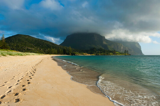 Deserted beach with Mount Lidgbird and Mount Gower in the background on Lord Howe Island, New South Wales, Australia