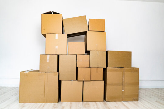 Domestic room filled with cardboard boxes