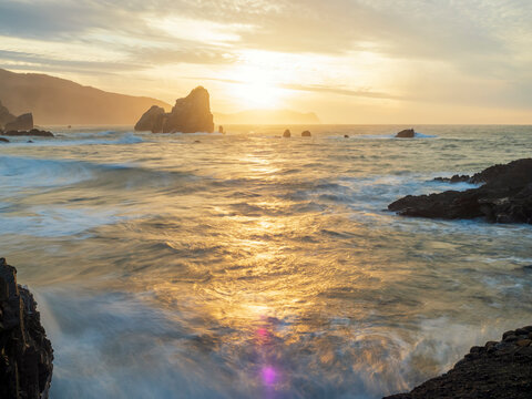 Spain, Biscay, Basque Country, Euskadi, San Juan de Gaztelugatxe, bay at sunset