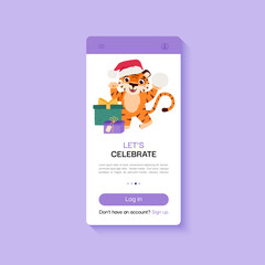 Cheerful tiger is the symbol of the Chinese New Year. Mobile app screen with tiger. Cartoon animal. 2022 Chinese horoscope. Vector illustration template.
