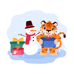 Cheerful tiger with a snowman and gifts. The symbol of the Chinese New Year. Cartoon animal. Eastern calendar for 2022. Chinese horoscope. Vector illustration.