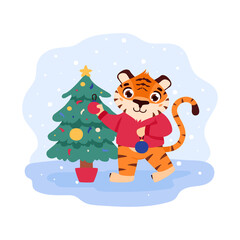 A cheerful tiger is decorating a Christmas tree. The symbol of the Chinese New Year. Cartoon animal. Eastern calendar for 2022. Chinese horoscope. Vector illustration.