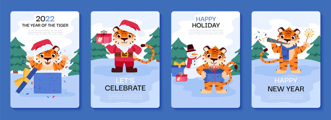 Cheerful tiger is the symbol of the Chinese New Year 2022. Cartoon animal. Vector illustration. Banner template. Postcard.
