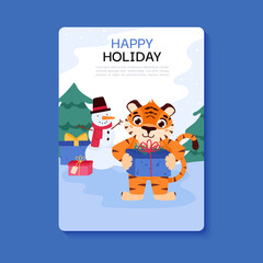 Cheerful tiger is the symbol of the Chinese New Year 2022. Cartoon animal. Vector illustration. Banner template. Postcard.