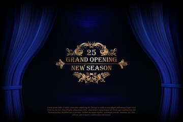 Vector Premium blue curtains in theater or opera. Dark blue curtain scene gracefully with simple text. Elegance vector backdrop for poster. Classic podium - 462777231
