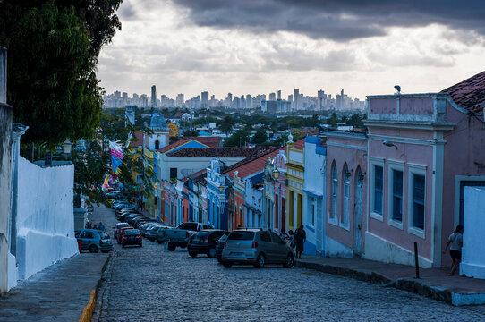 Overlook at sunset over the colonial town of Olinda with Recife in the background, Pernambuco, Brazil