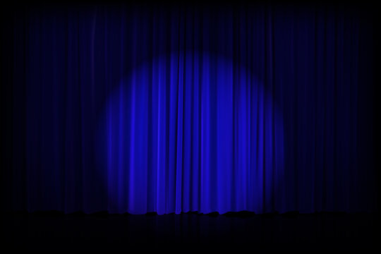 Closed Silky Luxurouse Blue Curtain Stage Backdrop With Backlight. Teater Curtaines. Vector Gradient Illustration