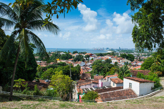 Overlook over the the colonial town of Olinda with Recife in the background, Pernambuco, Brazil