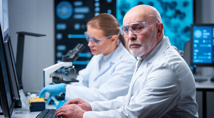 Fototapeta premium Professor and doctor work in a modern scientific laboratory using equipment and computertechnologies. Group of scientists make research and develop new vaccines. Science and healthcare concept.