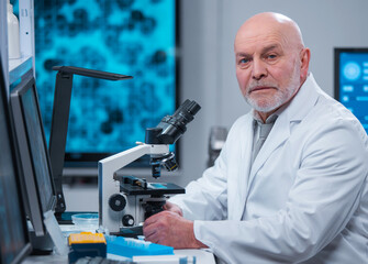 Professor works in a modern scientific laboratory using equipment and computer technologies. The scientist does research and develops new vaccines. Science and healthcare concept.