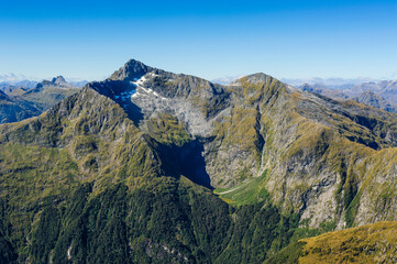 Aerial view of the rugged mountains in Fiordland National Park, South Island, New Zealand
