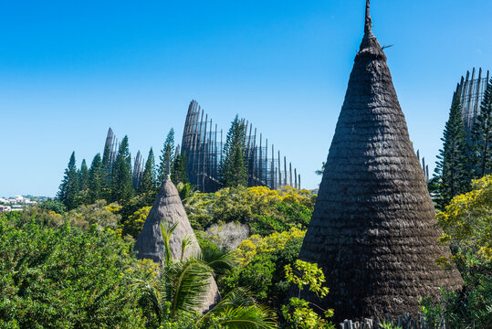 View of Jean-Marie Tjibaou Cultural Centre against clear blue sky, Noumea, New Caledonia