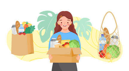 Girl holding  bag with green grocer. Set of reusable bags and cardboard box of fruits, vegetables, milk, bread. Food products in reuse eco and paper package.Organic products from farm.