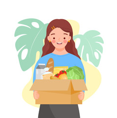 Girl holding cardboard box with green grocer. Reusable bags of fruits, vegetables, milk, bread. Food products in reuse eco and paper package.Organic products from farm. Flat vector illustration.