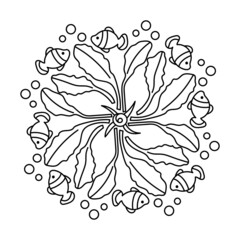 Coloring book for kids, Mandala with sea plants, fish and bubbles.