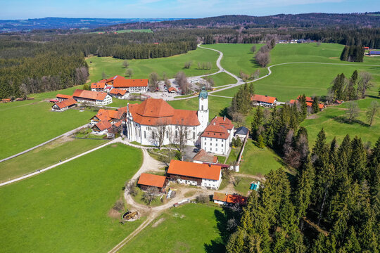 Aerial of Wieskirche Church, Steingaden, Bavaria, Germany