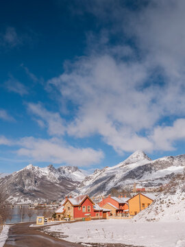 Spain, Asturia, Picos de Europa, Riano, village and Embalse de Riano reservoir in winter