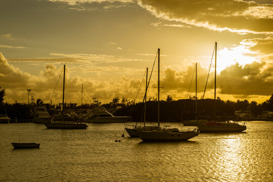 Sailboats moored at harbor of Ponce at sunset, Puerto Rico, Caribbean