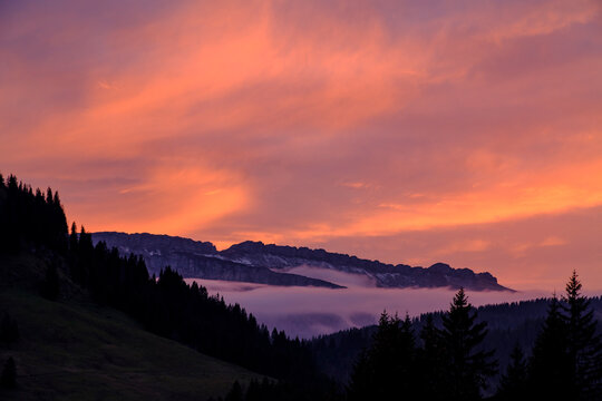 Germany, Bavaria, Swabia, Allgaeu Alps, Oberallgaeu, near Grasgehren, Gottesackerplateau at sunset