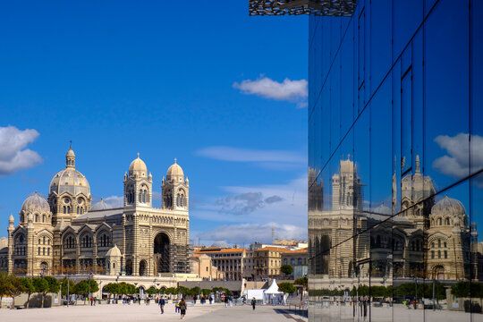 France, Marseille, MuCEM, Museum of European and Mediterranean Civilisations and Marseille cathedral