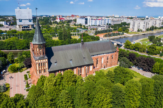 High angle view of Kant's Cathedral during sunny day, Kant island, Kaliningrad, Russia