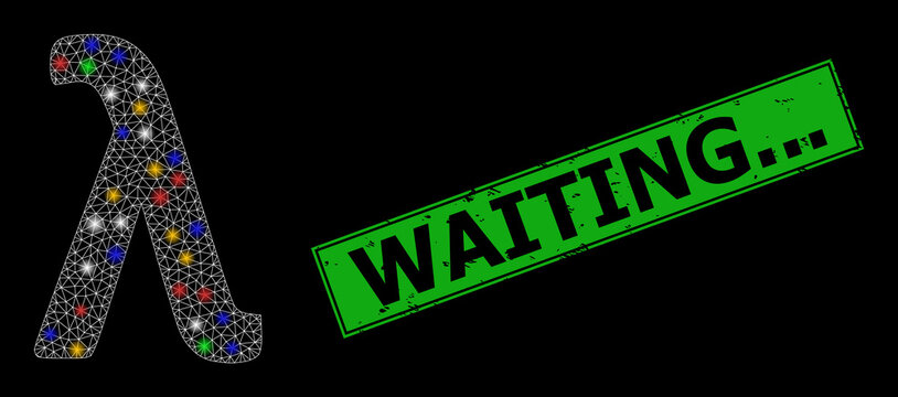 Glowing mesh network Lambda Greek lowercase symbol with multicolored light spots, and grunge Waiting... stamp. Green stamp seal includes Waiting... tag inside framed rectangle.
