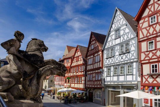 Half-timbered houses at main road, Ochsenfurt, Bavaria, Germany