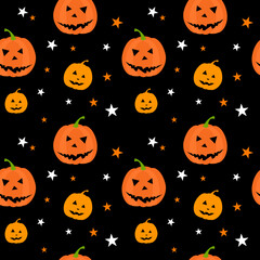 Halloween seamless pattern with pumpkin and stars on black background. Flat vector illustration. Use for wallpaper, notepad, background, paper, surface textures
