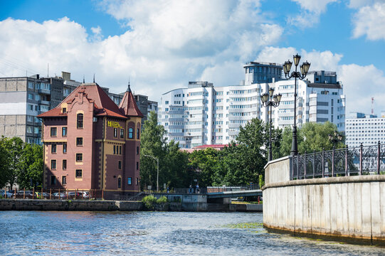 Fishing Village by Pregel river against sky, Kaliningrad, Russia