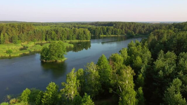 Perfect bird's eye view of a calm lake and green forests on a sunny day. Location place Small Polissya, Ukraine, Europe. Cinematic aerial shot. Discover the beauty of earth. Filmed in 4k drone video.