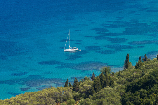 High angle view of boat on sea at Corfu, Ionian islands, Greece