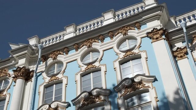 exterior view of famous Catherine&rsquo;s Palace in town of Pushkin near Saint Petersburg; pan camera movement
