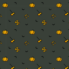 Happy Halloween pattern with ghost, moon, bones, axe and pumpkin
