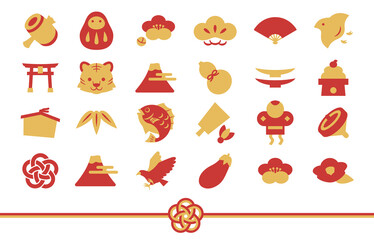 赤と金の正月アイコンセット　Red and gold New Year icons