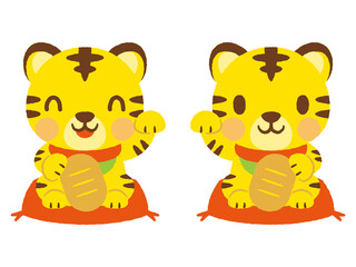 Naklejka premium かわいい手描き風のトラの招き猫 Tiger's beckoning cat