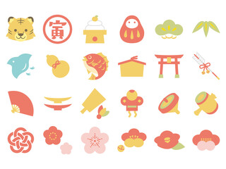 お正月　縁起物アイコンセット　Japanese New Year decoration icons