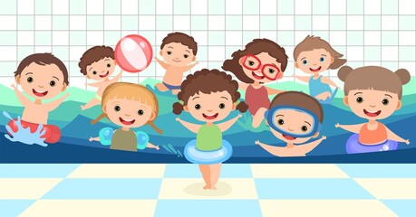 Children. Boys and girls. Have fun. Swimming pool with water waves. Wall with tiles. Swimming, diving and water sports. Illustration in cartoon style. Flat design. Vector art